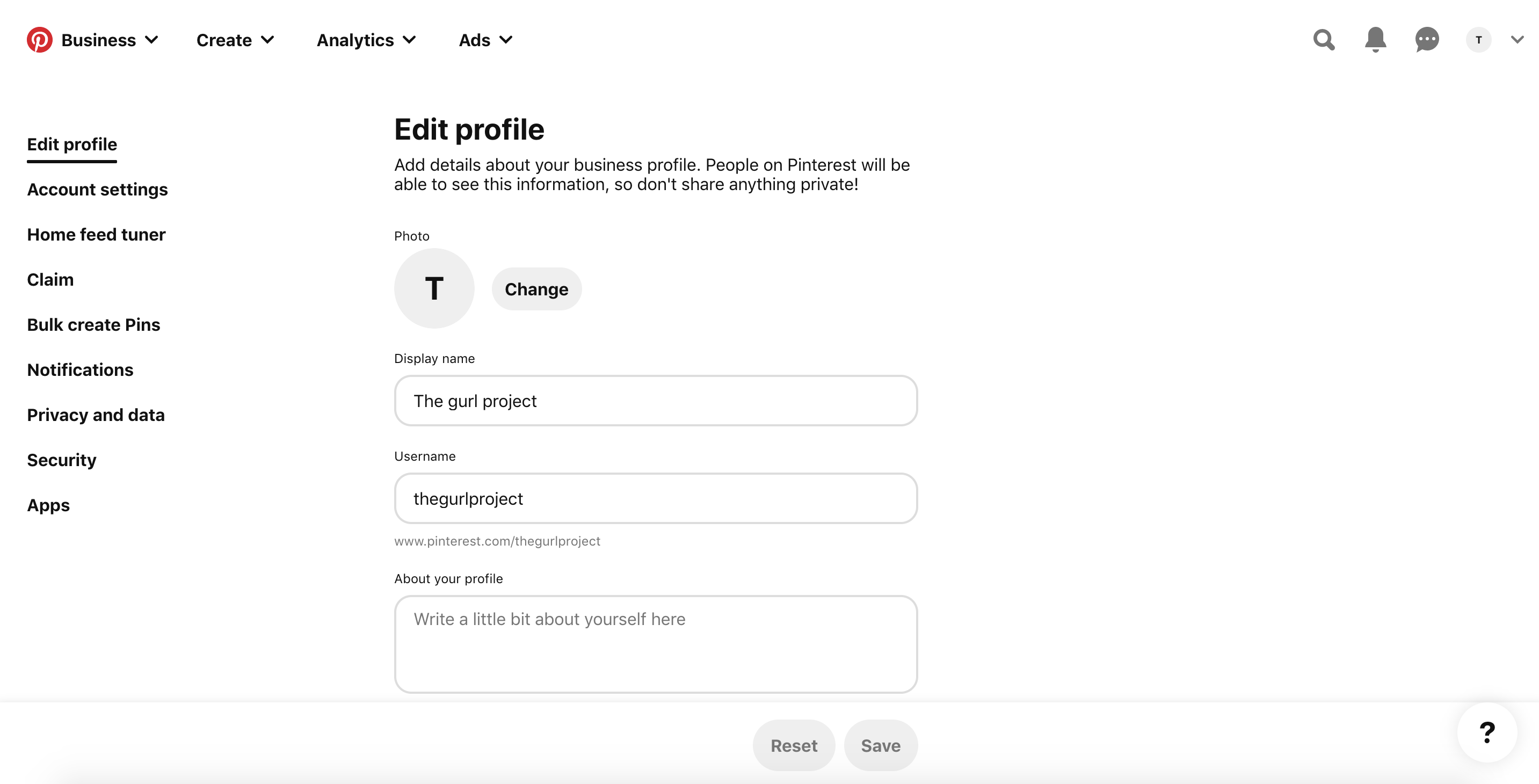 Pinterest business account edit profile
