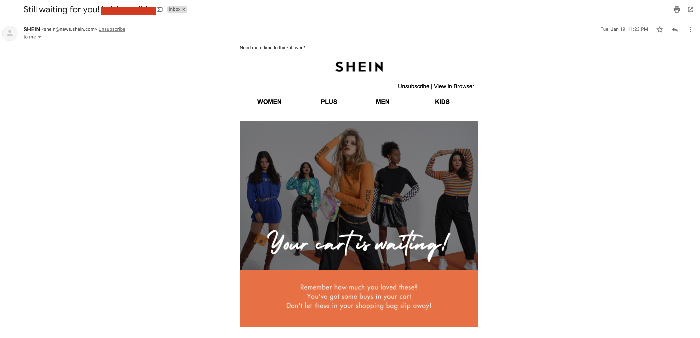 SHEIN segmented and targeted subject line example 