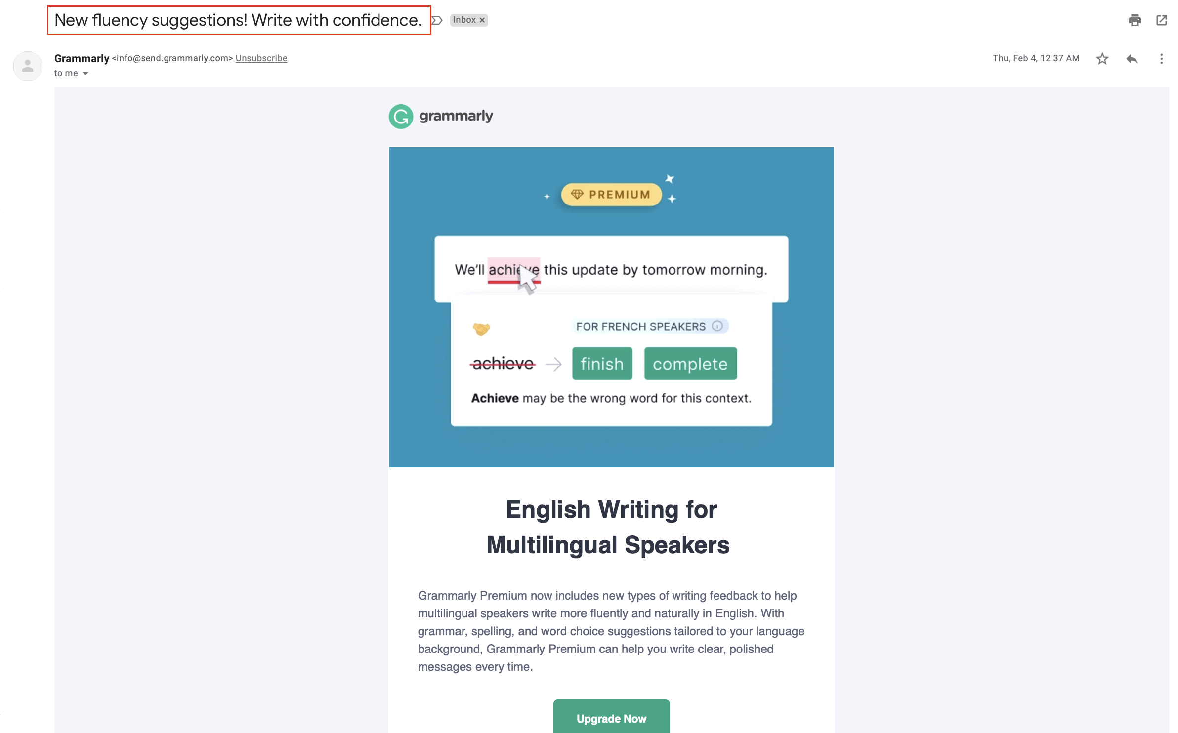 Grammarly Short Subject Line Example