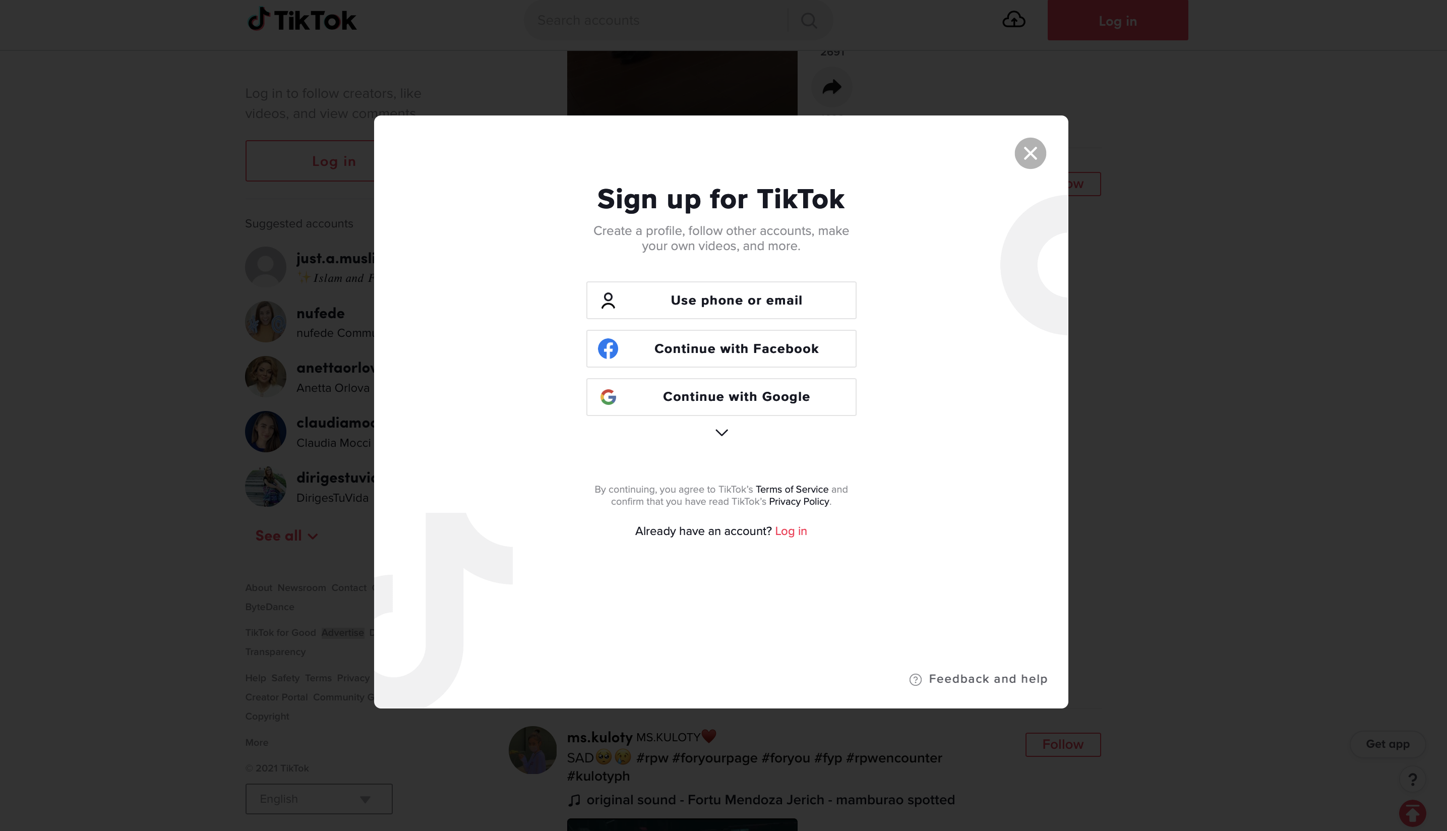 TikTok Signup page